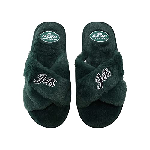 Image of FOCO Womens NFL Team Script Wordmark Fuzzy Cross Slide Slippers