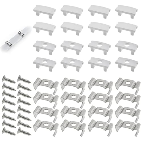safycaby 16 Pack LED Channel Metal Mounting Clips LED Channel End Caps U Shape LED Cover Diffuser with Complete Mounting Accessories for U-shaped Aluminum LED Light Strip Passage