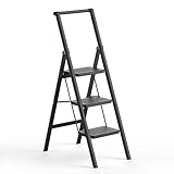 SOLADDER 3 Step Ladder, Slim Folding Steps Stool with Handrail, Iron Foldable Black Ladder with Anti-Slip Wide Pedal, for Home, Kitchen, Office, Garage Use (300 lbs Capacity)