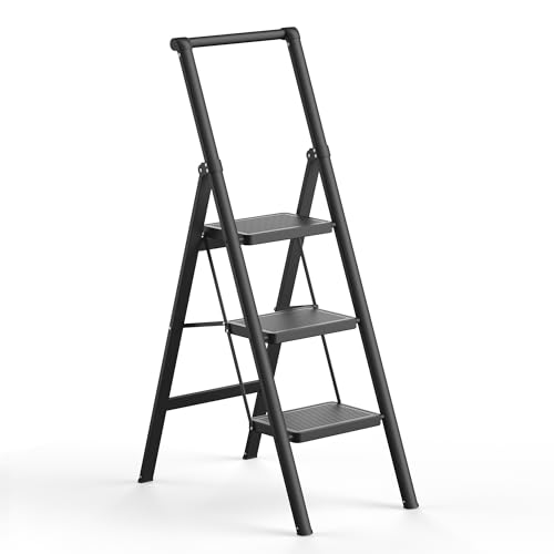 Image of SOLADDER 3 Step Ladder, Slim Folding Steps Stool with Handrail, Iron Foldable Black Ladder with Anti-Slip Wide Pedal, for Home, Kitchen, Office, Garage Use (300 lbs Capacity)