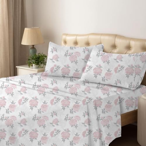 Shreem Linen King Sheet Set - 4 Piece Bedding - Brushed Microfiber Soft Sheets for King Size Bed with Flat,Fitted Sheet,2 Pillow Cases (Blush Petals)