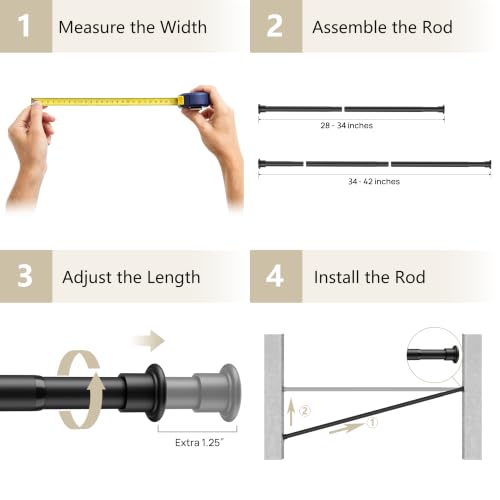 Image of Tension Curtain Rod by EZFurni, 28 to 42 Inch, Adjustable Curtain Rods No Drilling, Heavy Duty Tension Rod, Anti-Slip Spring Loaded Curtain Rods for Window, Closet, Door, Black