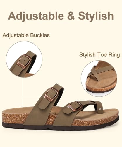 Image of KIDMI Women's Cork Footbed Sandals with Toe Loop, Comfortable Summer Slip-On Slides with Adjustable Buckle