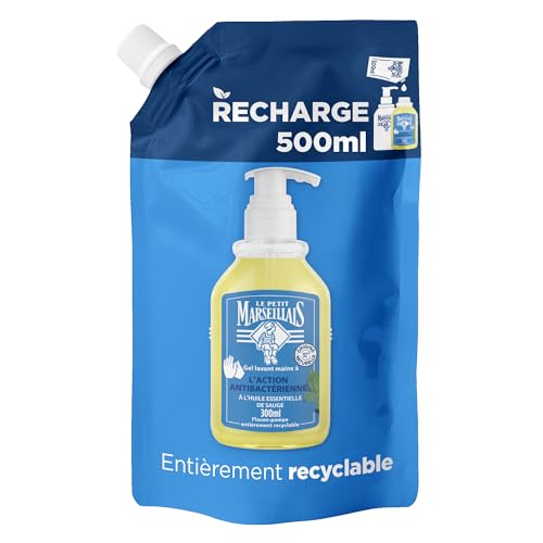 Le Petit Marseillais | Recharge Gel Lavant Mains Antibactérien (écopack de 500 ml) – Recharge savon liquide pour flacon-pompe – Savon mains à l’huile...