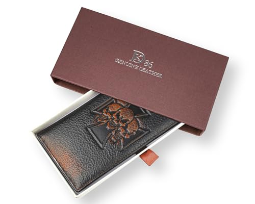 Image of DK86 Skull Long Wallet For Men Full Grain Leather with Hand Burnished Rfid Blocking Rodeo Wallet Bifold Wallet Skull Wallet C