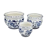 Galt International Floral Blue & White Round Porcelain Ceramic Plant Flower Planter Pot Set of 3 (8', 10', 12') Garden Pots Chinese Asian Design