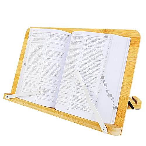 Bamboo Book Stand for Reading, ZZWS Cookbook Stand for Kitchen Counter, Adjustable Book Holder Hands Free for Reading Typing Writing, Bookstand for Magazine Laptop Tablet Catalogs Document(Medium)