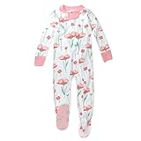 HonestBaby Non-Slip Footed Pajamas One-Piece Sleeper Jumpsuit Zip-Front PJs 100% Organic Cotton for Baby Girls, Strawberry Pink Floral, 12 Months