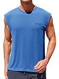 Runcati Mens Sleeveless Tank Tops Workout Cut Off Muscle Shirts Gym Casual Beach Summer Tee with Pocket Blue