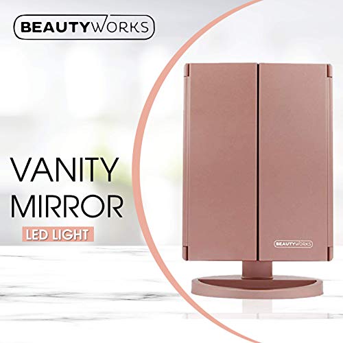Beautyworks Backlit Makeup Vanity Mirror 36 LED Lights Touch-Screen Light Control, Tri-Fold 1/2/3X Magnification, Portable High-Definition Clarity Cosmetic Light Up Magnifying Mirror (Rose Gold)
