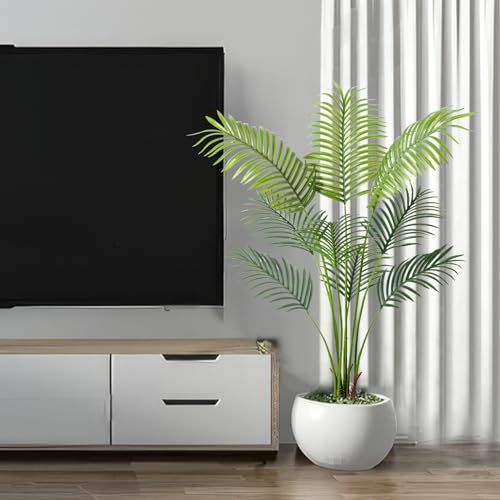 Artificial Golden Cane Palm Tree 4 Feet Faux Plant for Home Decor Indoor Outdoor Faux Areca Palm Tree in Pot for Home Office Perfect Housewarming Gift with Adjustable Trunks