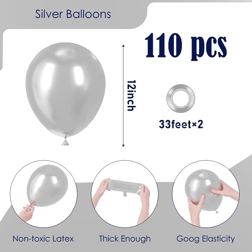 Image of Voircoloria 110pcs Metallic Silver Balloons 12inch Chrome Silver Latex Party Balloons for Graduation, Wedding, Birthday, New Year, Baby Shower, Anniversary, Holiday Party Decorations