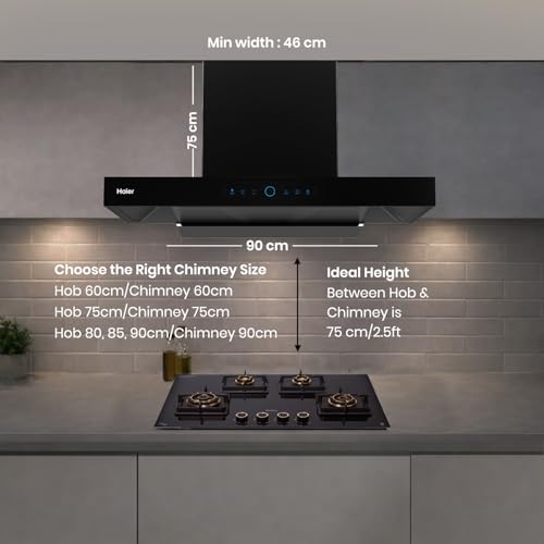 Image of Haier 90cm 2000 m3 /hr AI Smart T-Shape Chimney | Powerful 300W Motor & Digital Display | Easy Clean Pyramid Filter | 10 Yr Motor & 4 Yr Product Warranty | Free Installation & Pipe | Black | HIH-T5905