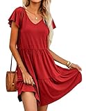 Hotouch Cotton Dresses for Women Casual Ruffle Butterfly Sleeve V Neck Flare Short Dress for Summer Red M