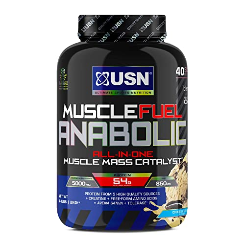 USN Muscle Fuel All-In-One Muscle Mass Gainer, Cookies & Cream Flavour, 54g Protein Powder, 5g Creatine Powder & 5g BCAA Powder For Maximum Muscle Growth, Post Workout Recovery Drink Mix - 2kg