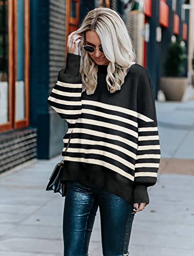 Womens Sweaters Causal Oversized Striped Pullover Crewneck Batwing Sleeve Side Split Knit Tops Loose Jumper #TOP2