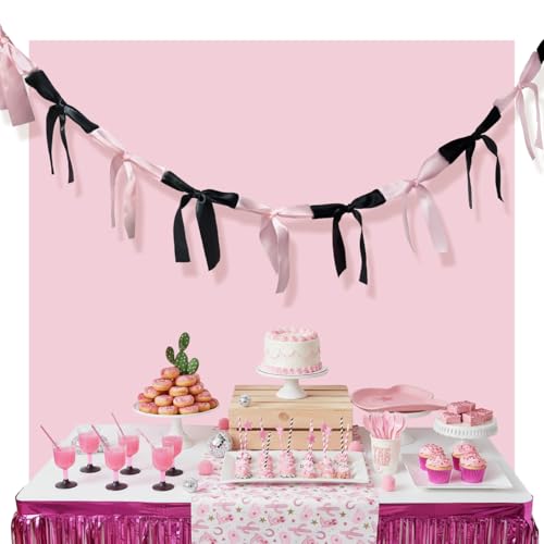 Image of Pink & Black Satin Bow Garland 6FT | Coquette & Cowgirl Birthday Banner, Pre-Tied Ribbon Bow Knot Decoration for Girls, Bridal Shower, Baby Room & Party Backdrop Decor