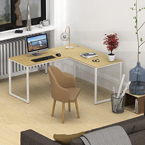 SHW Mission 55 x 60 Inches L-Shape Home Office Computer Desk, Oak - Thumbnail 7