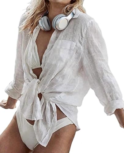 Zicozy Beach Coverup for Women, Swimsuit Coverup Long Sleeve, Bikini Cover Up Shirt, Bathing Suit Cover Ups for Pool White