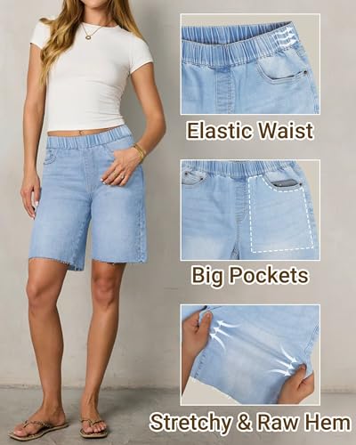 Women's Raw Hem Denim Bermuda Shorts Mid Rise Long Jorts Baggy Pull On Strechy Jeans Shorts with Elastic Waist — view 4