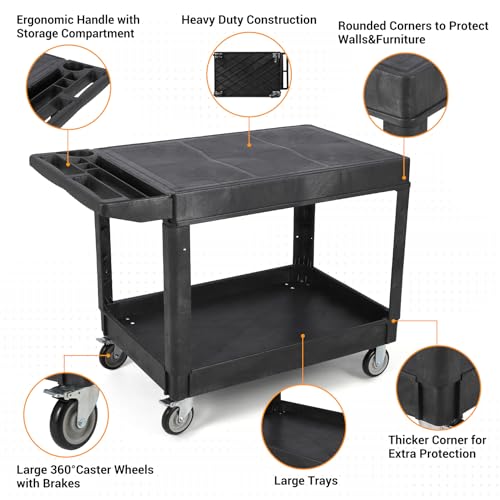 Large Heavy Duty Plastic Utility Service Cart Flat top 45.8 x 25 Inch, Work Cart Flat Shelves Holds up to 550 lbs - 2 Tier Service Cart with 360°Swivel Wheels (2 with Brakes) Black - Image 5