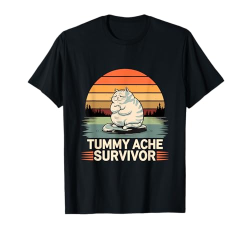 Tummy Ache Survivor Funny Meme Retro Vintage Kawaii Cat T-Shirt