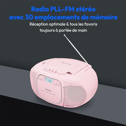 MEDION E66476 Stereo Sound System (Boombox, Lecteur CD, MP3, Cassette, Lecteur de Cassette Portable pour Enfants, Radio FM, AUX, écouteurs, Secteur & Batterie) Rose