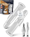 Spécifications robustes pour un bon maintien : 50 pièces | Diamètre de la cheville : 8 mm | Longueur de la cheville : 50 mm | Diamètre du col : 12 mm | Diamètre recommandé pour les filetages/vis : 6 mm | Diamètre recommandé pour le trou/l'alésage : 8 mm | Profondeur minimale d'encastrement pour un bon maintien : 54 mm | 3en1 : adapté pour les matériaux de construction creuse, pleins et en plaques | Matériau : 100% PE (aucun matériau recyclé bon marché contaminé = meilleure durabilité, résistance et stabilité)