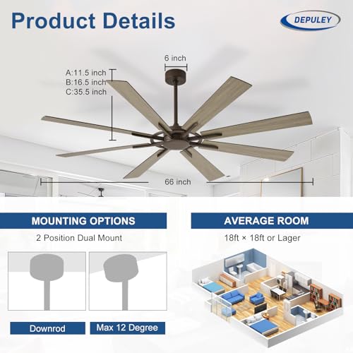 Image of Depuley Ceiling Fan Without Light: 66 Inch Big Indoor Outdoor Fan with Remote APP Control - Brown Wood Grain Large Ceiling Fan no Light 8 Blade Reversible Quiet DC Motor Memory Function Timer