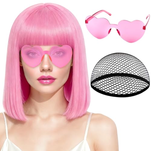 Image of PLULON Pink Bob Wig with Bangs, Short Straight Bob Wig with Heart Sunglasses 12 Inch Shoulder Length Heat Resistant Synthetic Hair Cap for Women Natural Look Daily Use Cosplay Halloween Costume Party