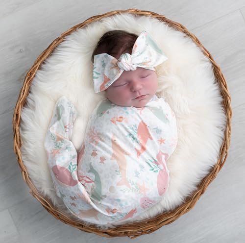 Image of Newborn Swaddle Sets with Headband Beanie and a Name Card Baby Snug Wrap Receiving Blanket for Baby Boys Girls (Pink Ocean Fish)