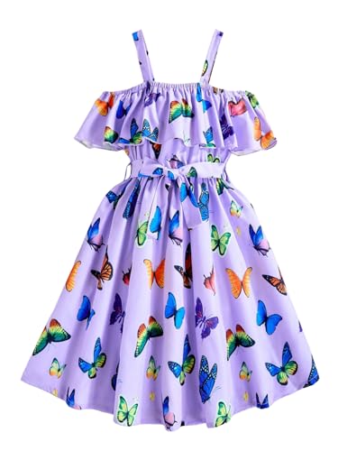Girl's Butterfly Flowy Dress Cold Shoulder Ruffle Belted A Line Birthday Fairy Dresses