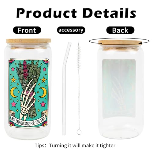 Image of AFRITEE Funny Skull Glass Cups - Not Enough Sage for This Shit Gothic Skeleton 16 oz Glass Cups with Lids and Straws, Iced Coffee Tumbler Witchcraft Gifts for Female Tarot Lovers