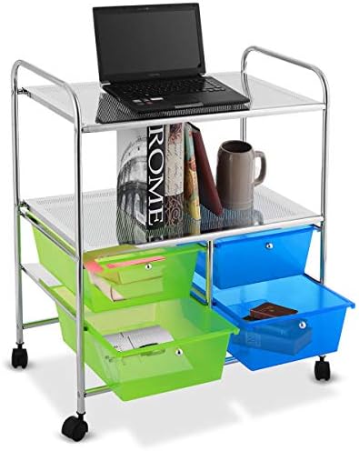 GiantexUK Storage Trolley with 4 Drawers, 3 Tier Rolling Cart with Lockable Wheels, Utility Storage Organizer for Bathroom, Kitchen, Living Room, Balcony and Entryway (Blue + Green)