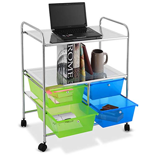 Giantex Rolling Storage Cart W/ 4 Drawers 2 Shelves Metal Rack Shelf Home Office School Beauty Salon Utility Organizer Cart With Wheels (Blue & Green) #TOP3