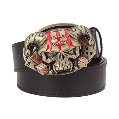 CECE&COLE HOR Herren-Gürtel - Herren Wild Leder Gürtel Totenkopf Poker Karte Schnalle Gürtel Demon Übertrieben Stil Persönlichkeit Gürtel Hip Hop Bund, Schwarz, 115 cm Cover