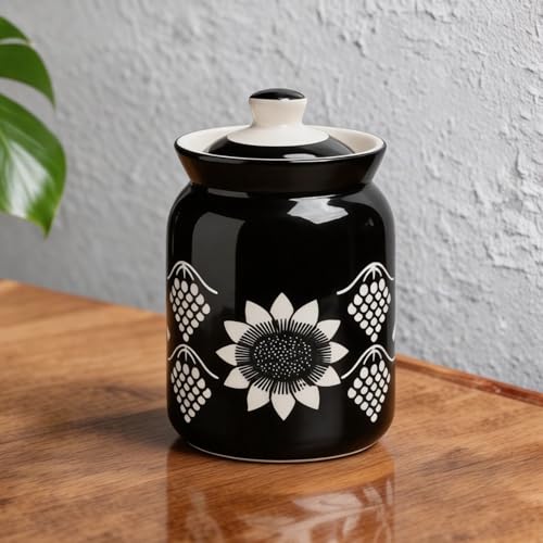 Image of Black Grapes Printed Ceramic Handglazed Pickle Jars Set of 1-1000 ML Each | 1 kg Achaar Martban Barni Jar with Lid | Ceramic Storage Jar Container Pickle, Chatney