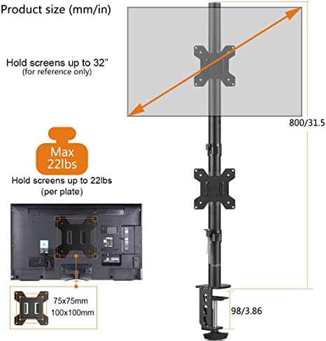 Bracwiser Vertical Dual Monitor Mount Fits 13-27 Inch LCD LED Monitor Computer PC Screens,Clamp Mounting, Fully Adjustable Desk Mount. MD7802