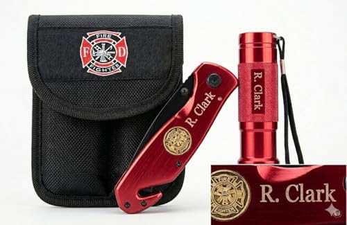 Barton Outdoor Emergency Survival Knife and Flashlight Set | Durable Flashlight and knife with Aluminium Red Finish | Personalized Engraving Firefighter Tool with Pouch
