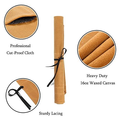 Knife Roll Bags, 16Oz Waxed Canvas Knife Holder (5 Slots & Specialized Anti Cutting Fabric), Multi-Purpose Knife Pouch With Tie Rope, Khaki #TOP3