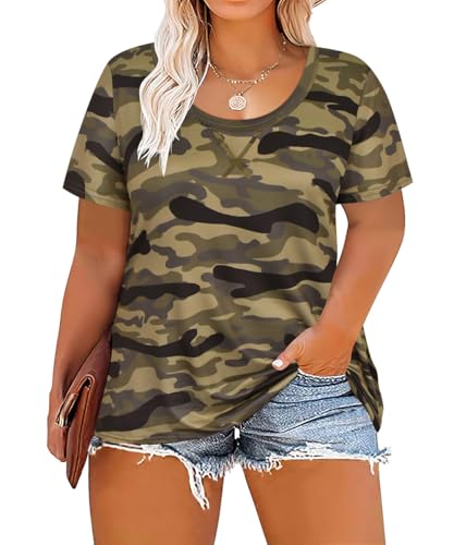 Image of CARCOS Plus Size Tops for Women Short Sleeve Shirt Summer Star /Leopard /Tie Dye /Flower Crewneck Pullover Tunic XL-5XL