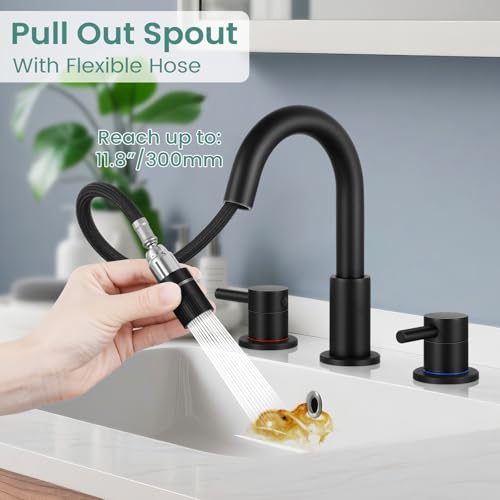 IUERASD Bathroom Faucet 3 Hole with Pull Down Sprayer Matte Black, 2-Handle by IUERASD - Used condition - Image 2