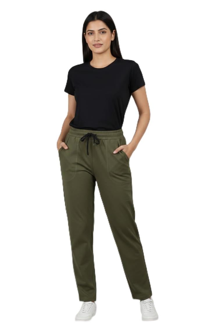 Women's Track Pants, Olive Green, Relaxed Fit, Cotton Blend, Drawstring Waist with Side Pockets, Casual Sportswear-image-2