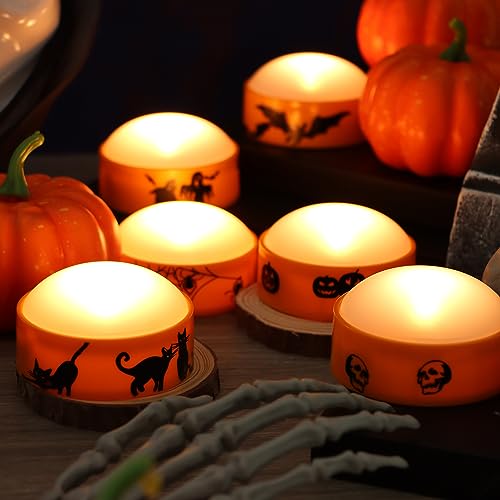 Image of 12 Halloween Battery LED Jack-O-Lantern Pumpkin Lights with Remote Decals | CANDLE CHOICE Battery Operated Flameless Candles with Remote and Timer for Halloween Pumpkin Decoration Orange Color 12 Pack