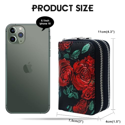 Image of CONISY Small Leather Womens Credit Card Holder Wallet with RFID Blocking (Red Rose)