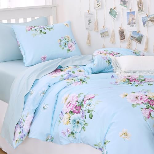 Image of Wake In Cloud - Floral Comforter Set, Shabby Chic Farmhouse Cottagecore Vintage Colorful Pastel Spring Flowers, Soft Lightweight Bedding for Women Girls, 3 Pieces, Blue, Twin /Twin XL Size