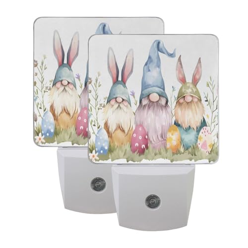 Image of Easter Gnomes Easter Watercolor Night Lights 2 Pack Plug-in Wall Led Nightlight Auto Dusk-to-Dawn Sensor Lamps for Bedroom Kitchen Bathroom