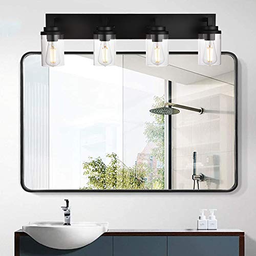Image of MELUCEE 4-Light Vanity Lights Over Mirror, Farmhouse Bathroom Light Fixtures Black with Clear Glass Shade, Industrial Wall Mount Lamp for Bedroom Kitchen Hallway