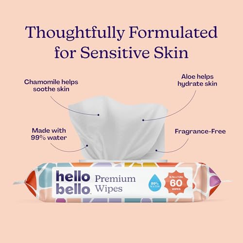 Image of Hello Bello Premium Wipes, Designed for Sensitive Skin with Chamomile & Aloe Extracts, Flower Pop (12 Resealable Packets = 720 Total Wipes)