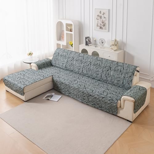 Image of HOKIPO 'Elira Series' Printed Quilted One-Piece L Shape 5 Seater (3+2) Sofa Cover Mat with Left Chaise | Anti-Slip Backing & SecureFit Belt, Intense Grey Abstract Floral (AR-5374-C2)